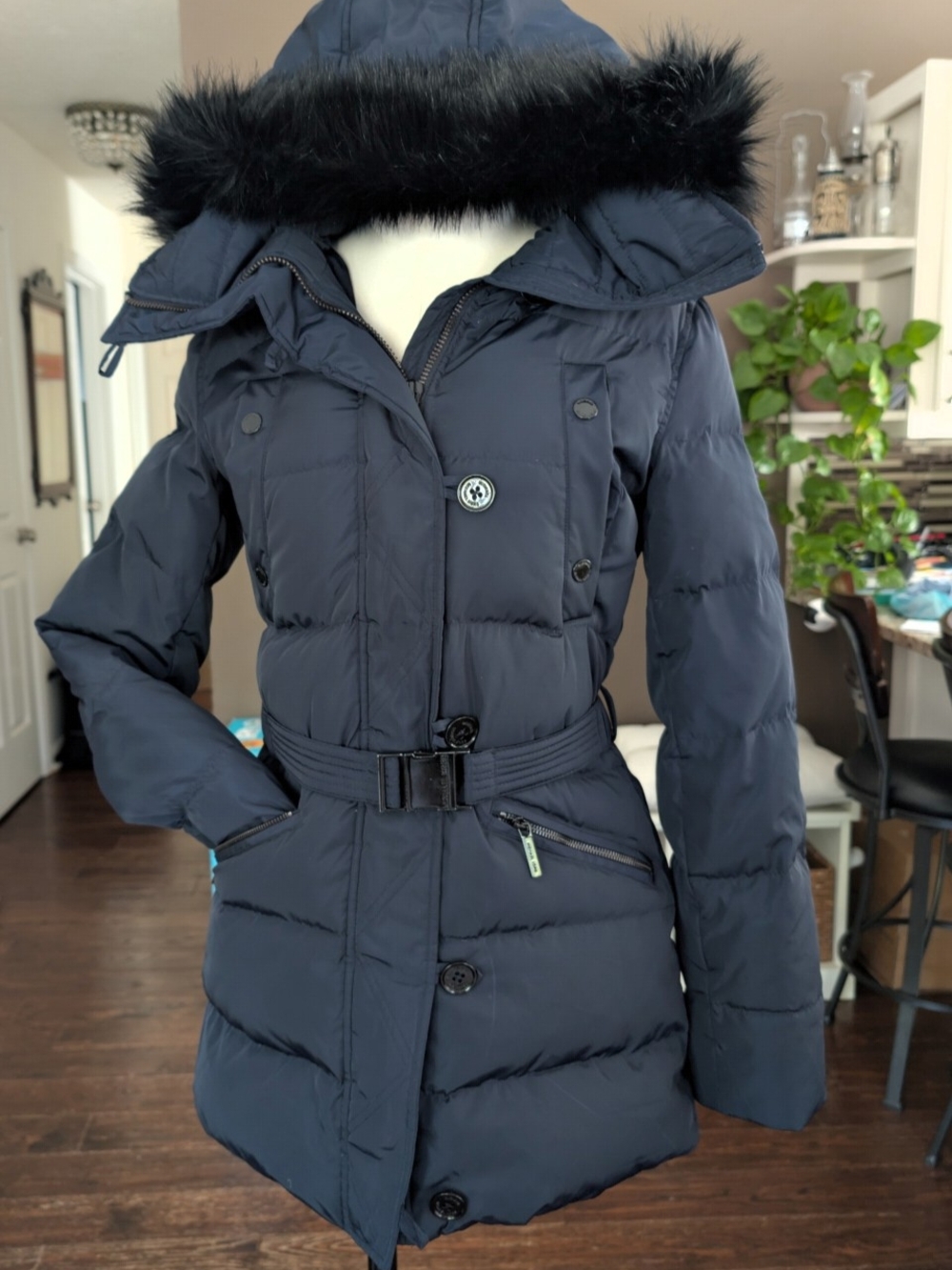 Michael Kors XS Navy Belted Down Puffer Coat Faux Fur Hood 4 Pocket